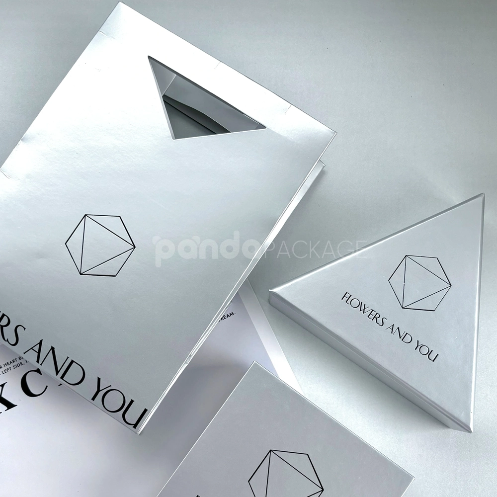 silver geometric rigid gift box set with matching bag
