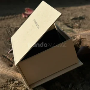 beige textured rigid flip lid box with embossed logo