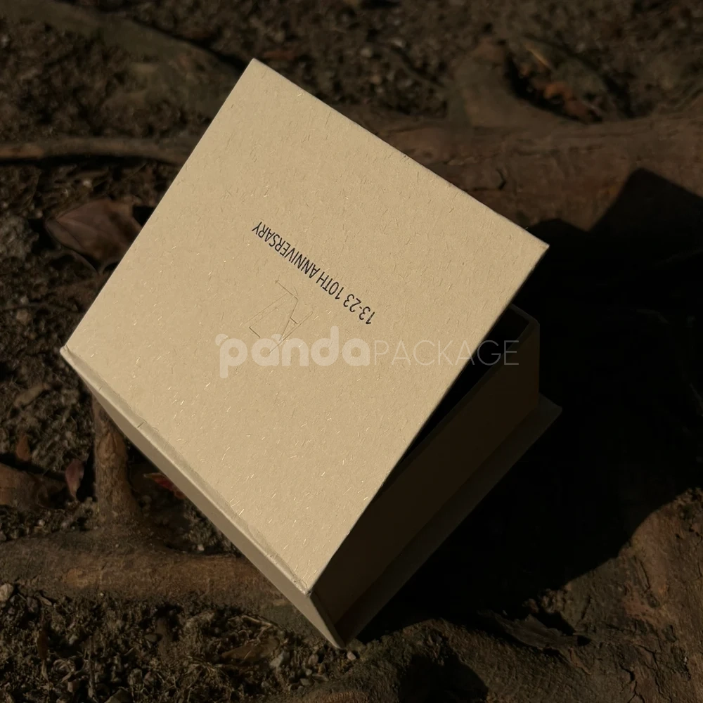 beige textured rigid flip lid box with embossed logo