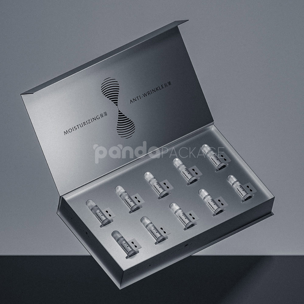silver book style rigid box with foam insert for cosmetic packaging