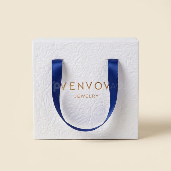 Textured White Rigid Drawer Box with Blue Ribbon Handles