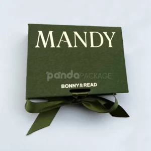 olive green rigid flip lid box with ribbon closure