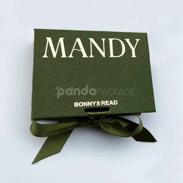 Olive Green Rigid Flip Lid Gift Box with Foil Stamping and Ribbon
