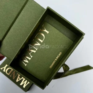 olive green rigid flip lid box with ribbon closure