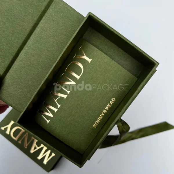 Olive Green Rigid Flip Lid Gift Box with Foil Stamping and Ribbon