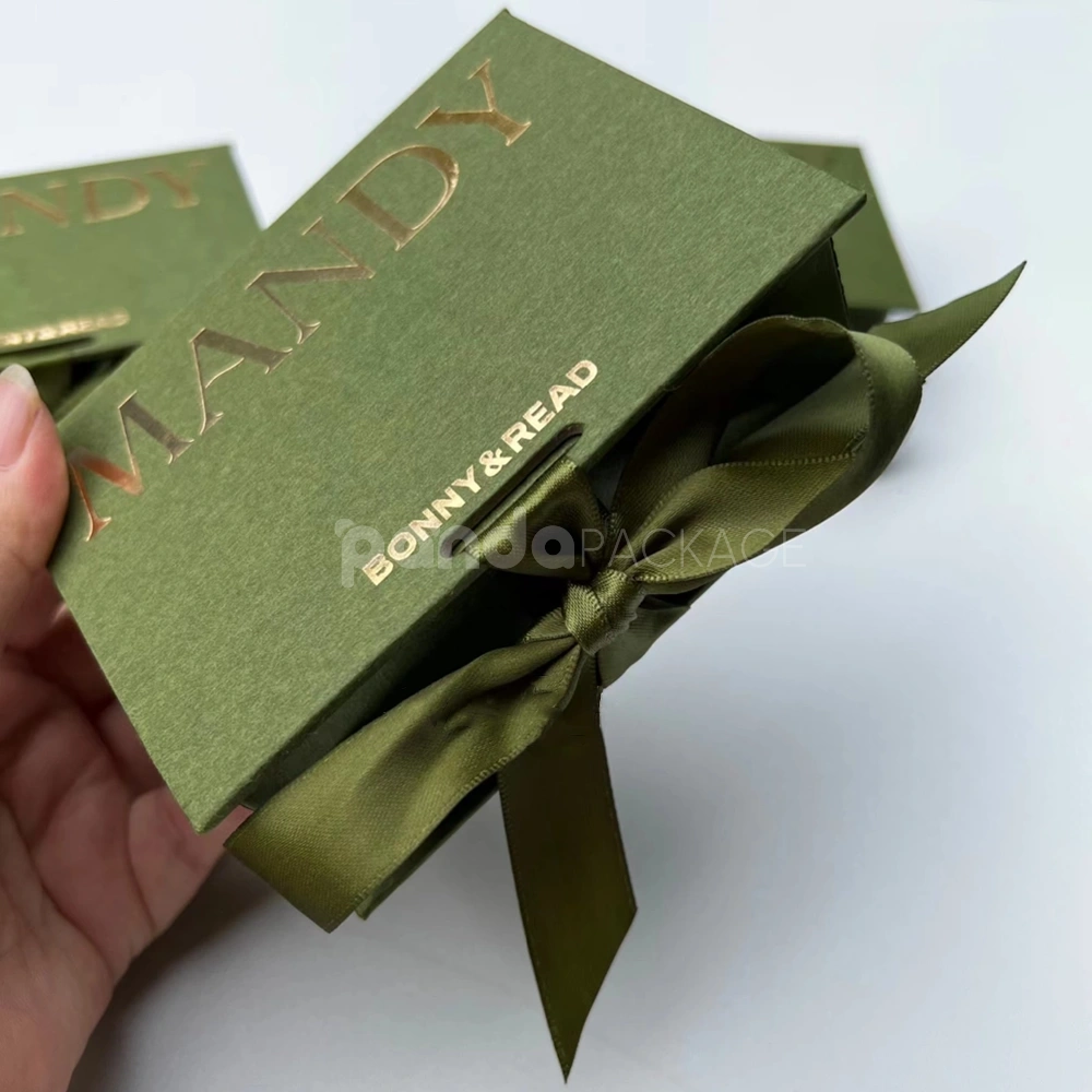 olive green rigid flip lid box with ribbon closure