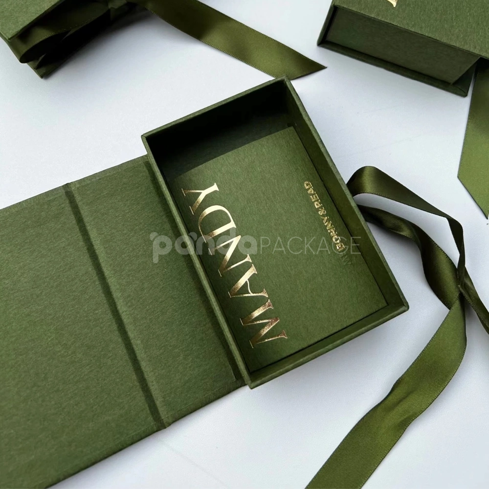 olive green rigid flip lid box with ribbon closure
