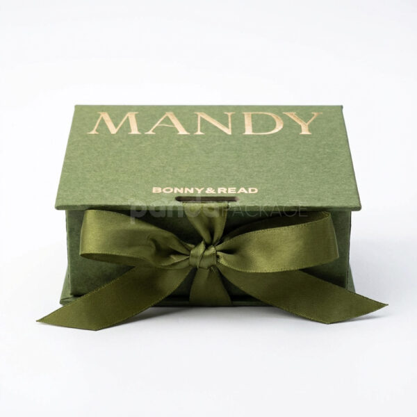 Olive Green Rigid Flip Lid Gift Box with Foil Stamping and Ribbon
