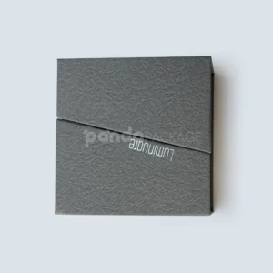 gray textured rigid flip lid box with silver foil stamping