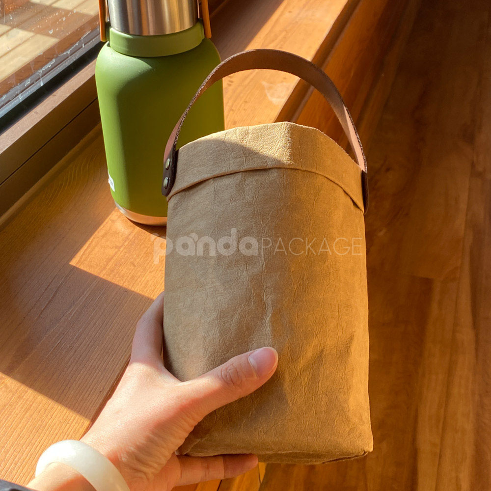 eco-friendly kraft paper storage bag with leather handle