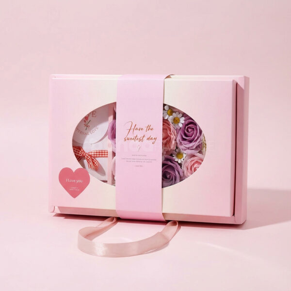 Pink Floral Mooncake Gift Box with Ribbon Handle