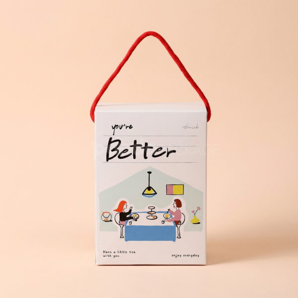 Illustrated White Mooncake Gift Box with Red Handle