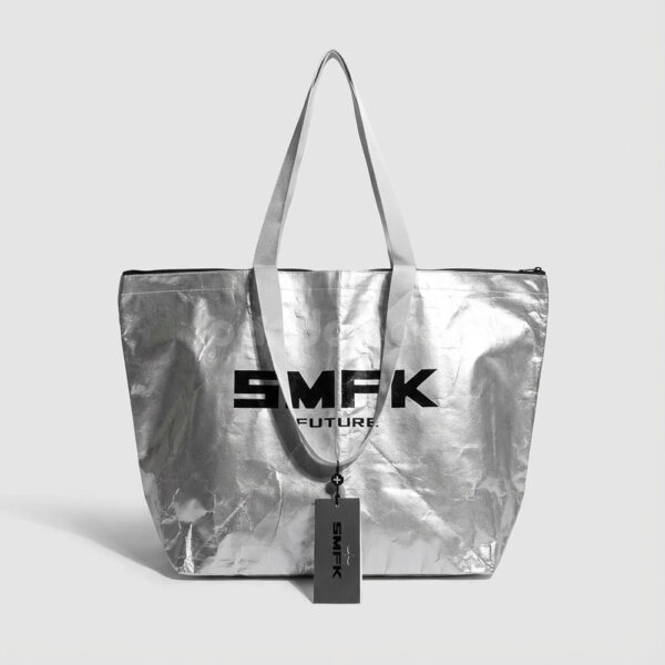 Metallic Silver Laminated Fashion Shopping Bag with Bold Logo Print