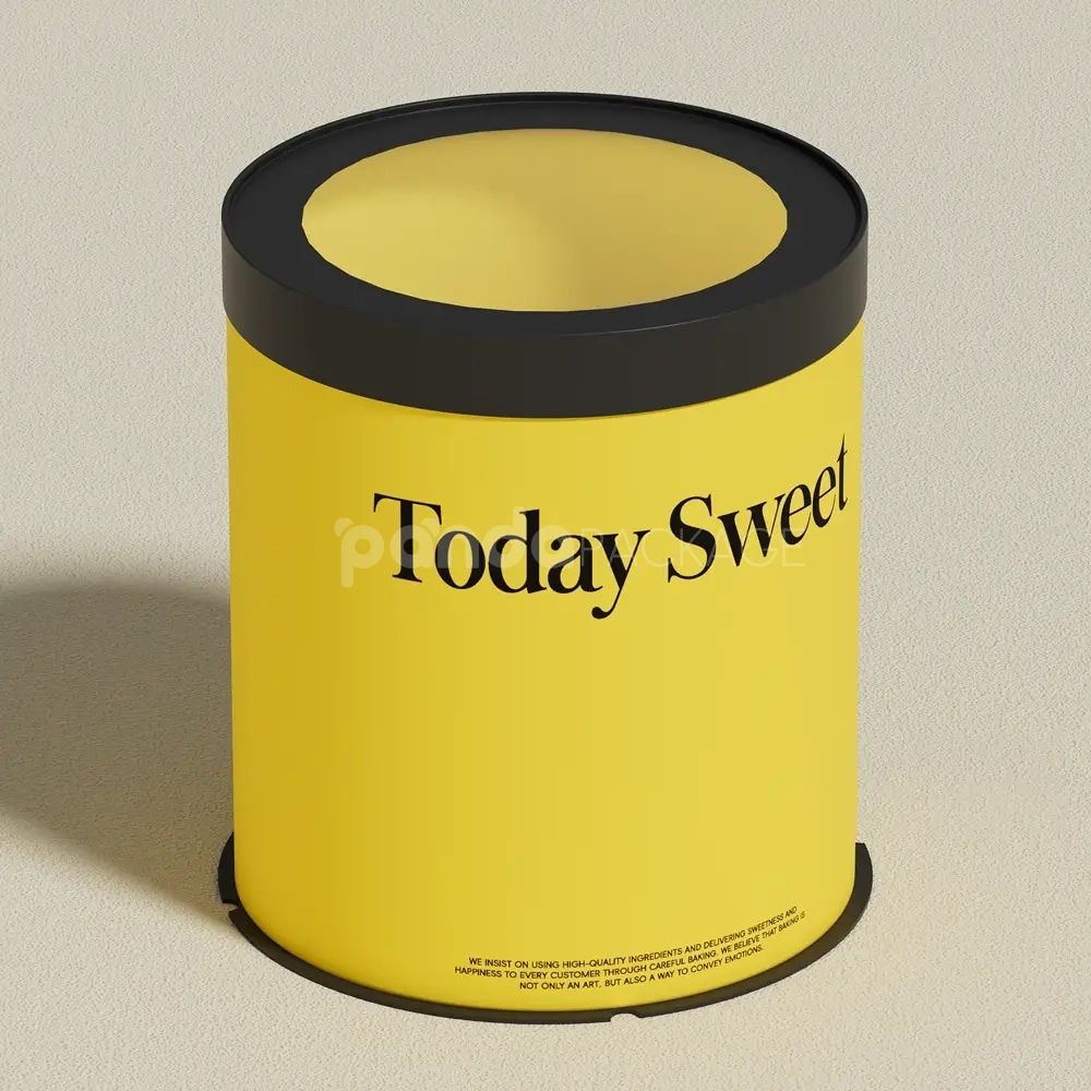 yellow paperboard cake box with window and food-safe inserts
