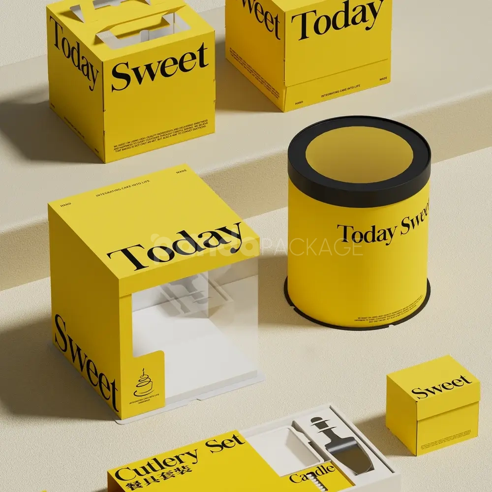 yellow paperboard cake box with window and food-safe inserts