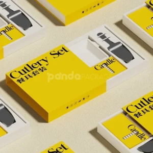 yellow paperboard cake box with window and food-safe inserts