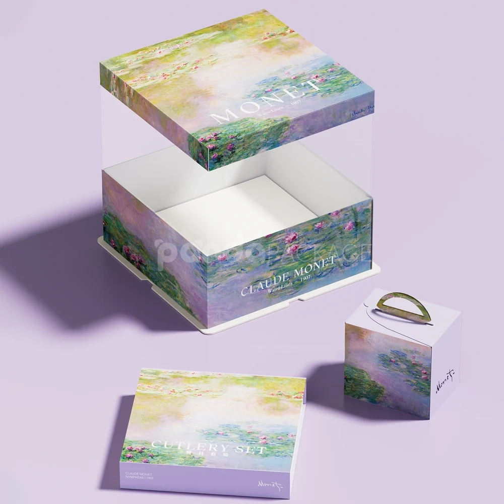 art-inspired paperboard cake box with impressionist printed design