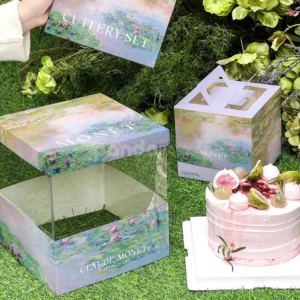 art-inspired paperboard cake box with impressionist printed design