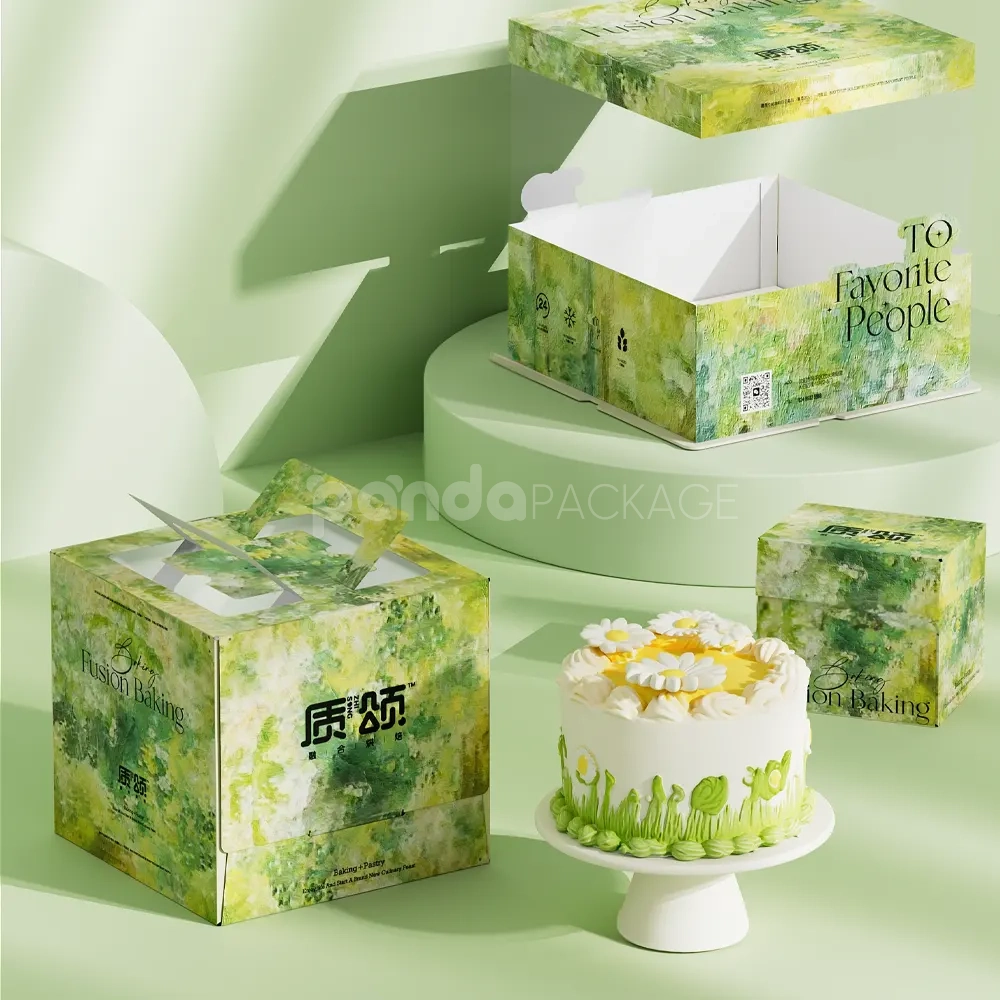 eco-friendly green paperboard cake boxes with handle or lid design
