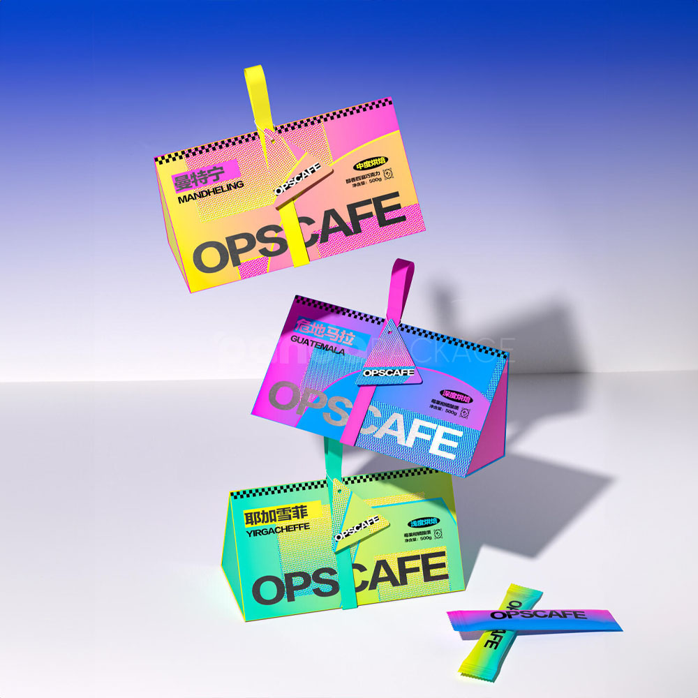 paperboard triangle box for retail display with bright printed design