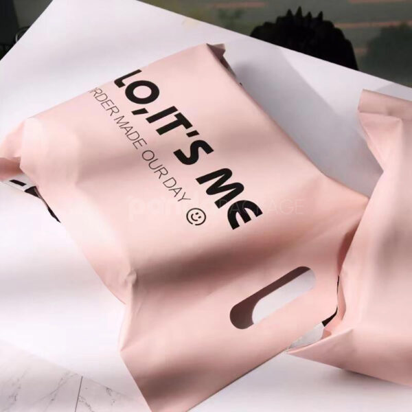 Pink Poly Mailer Bag with Die-Cut Handle and Message Print