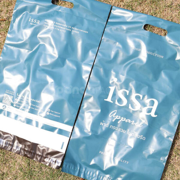 Custom Blue Apparel Poly Mailer Bags with Handle and Logo