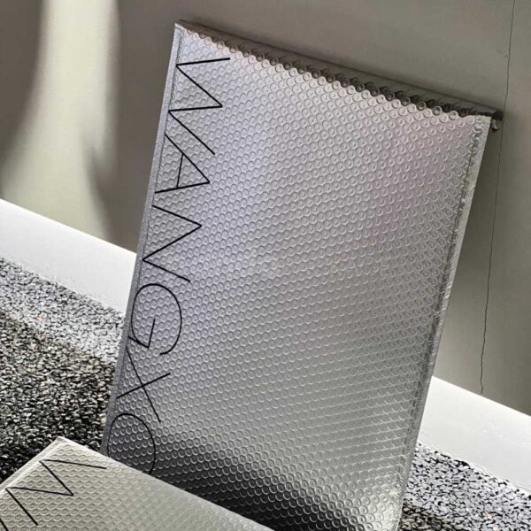 Custom Silver Bubble Mailer with Vertical Black Logo Print