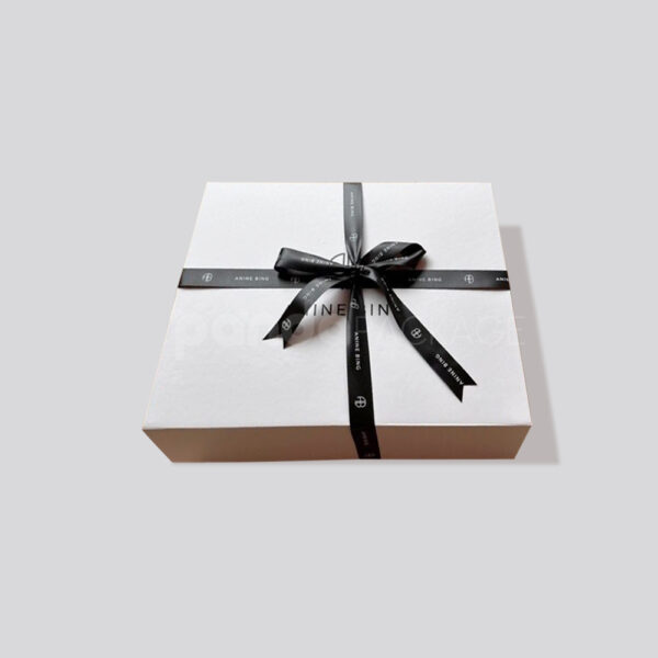 White Luxury Clothing Gift Box with Custom Black Ribbon Bow