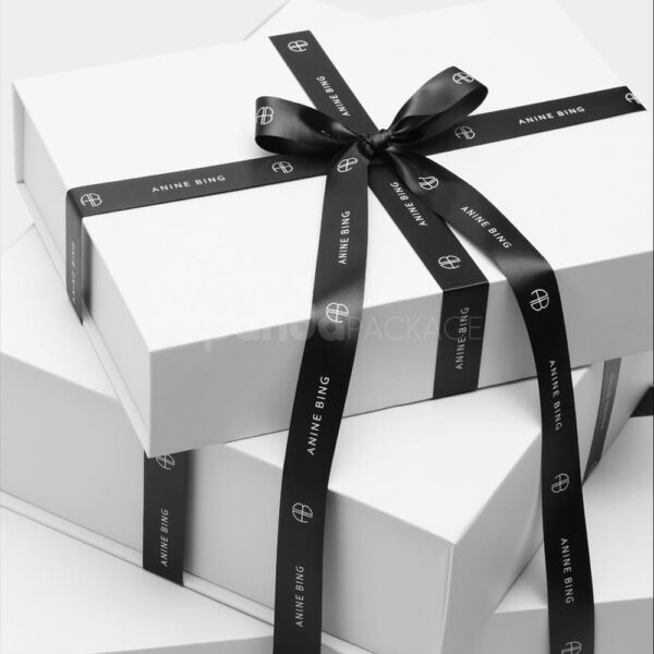 White Luxury Clothing Gift Box with Custom Black Ribbon Bow
