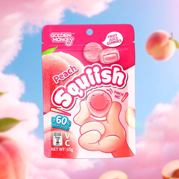 Peach Squish Gummy Candy Pouch with Colorful Fun Design
