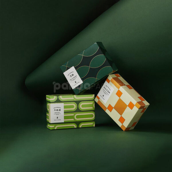 Stylish Green Nougat Candy Gift Box with Modern Pattern Design