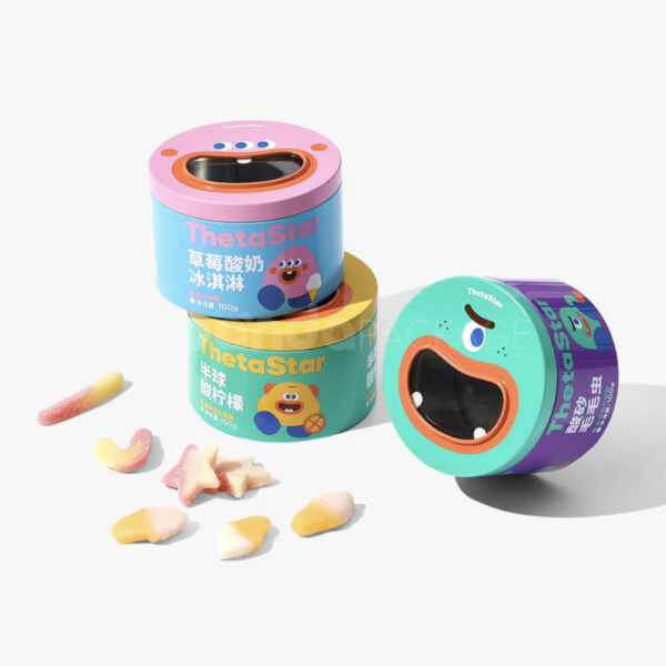 Playful Round Candy Gift Tin with Fun Character Design
