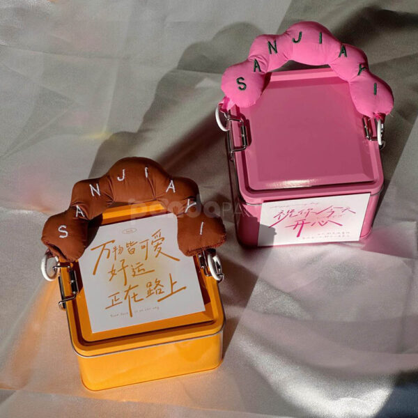 Colorful Square Candy Gift Tins with Soft Lettered Handles