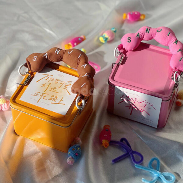 Colorful Square Candy Gift Tins with Soft Lettered Handles