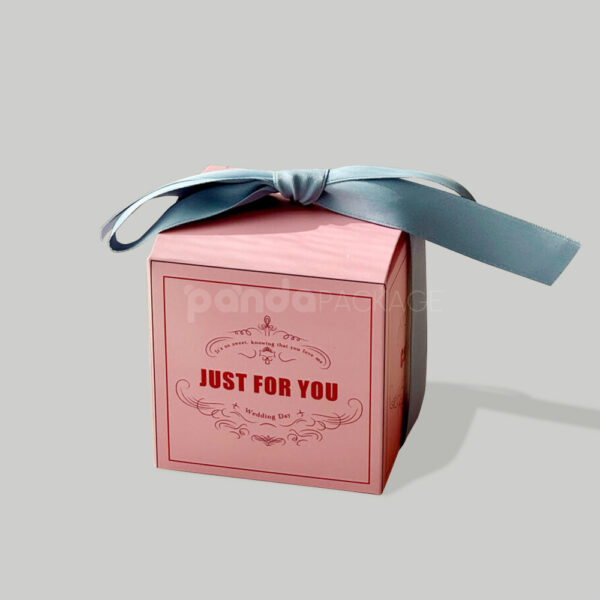 Pink Square Candy Gift Box with Elegant Blue Ribbon Bow