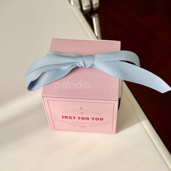 Pink Square Candy Gift Box with Elegant Blue Ribbon Bow