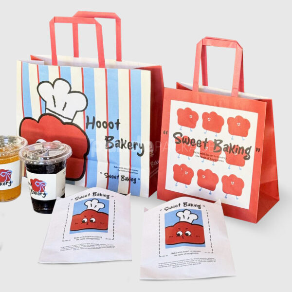 Colorful Restaurant Paper Bags with Fun Cartoon Bakery Print