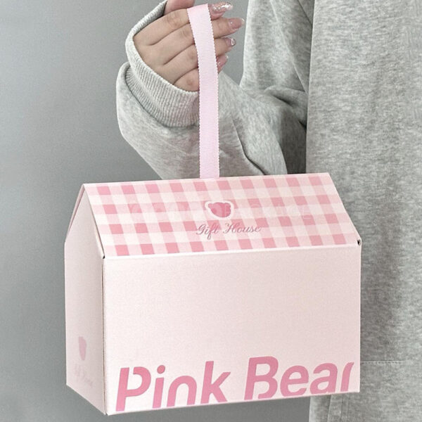 Pink Gingham Cosmetic Gift Box with Handle for Packaging