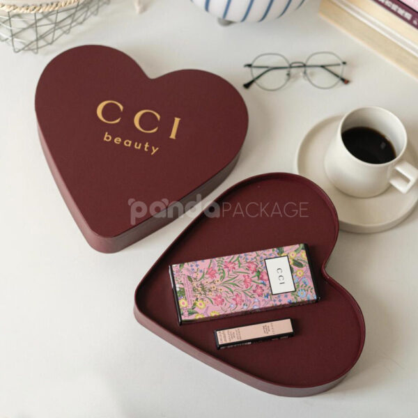 Heart-Shaped Burgundy Cosmetic Gift Box with Gold Foil Logo