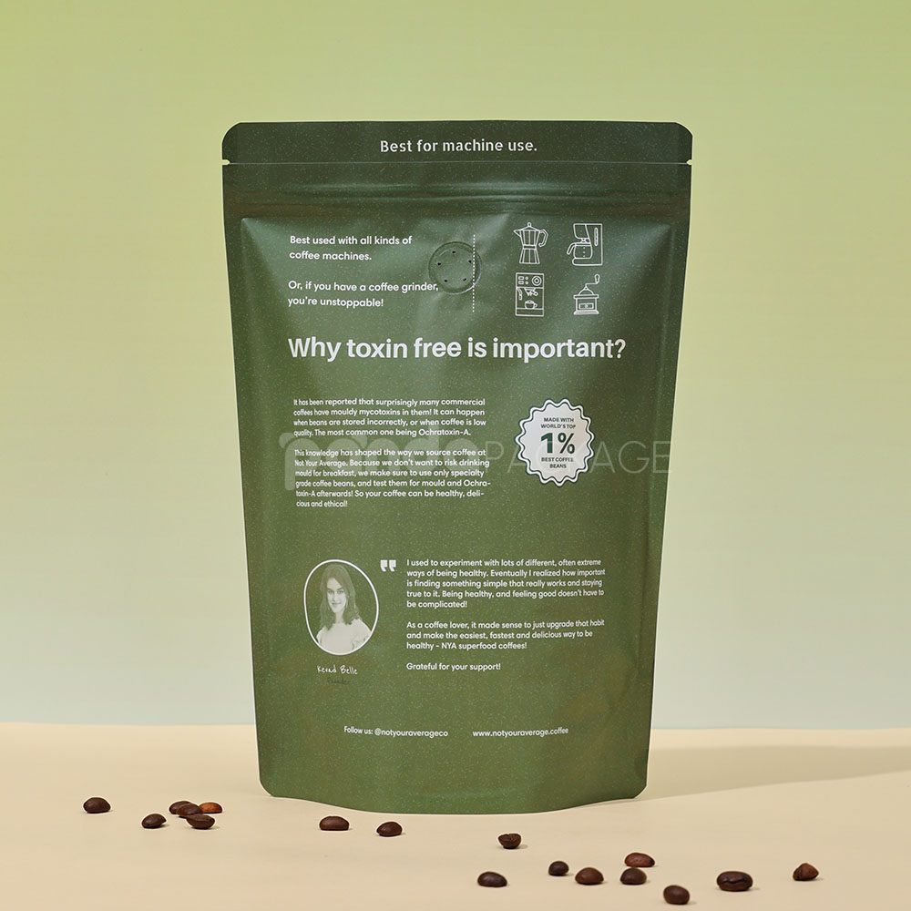 eco-friendly olive green stand-up pouch for coffee bean packaging