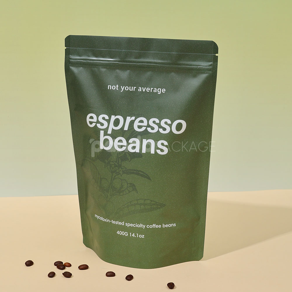 eco-friendly olive green stand-up pouch for coffee bean packaging