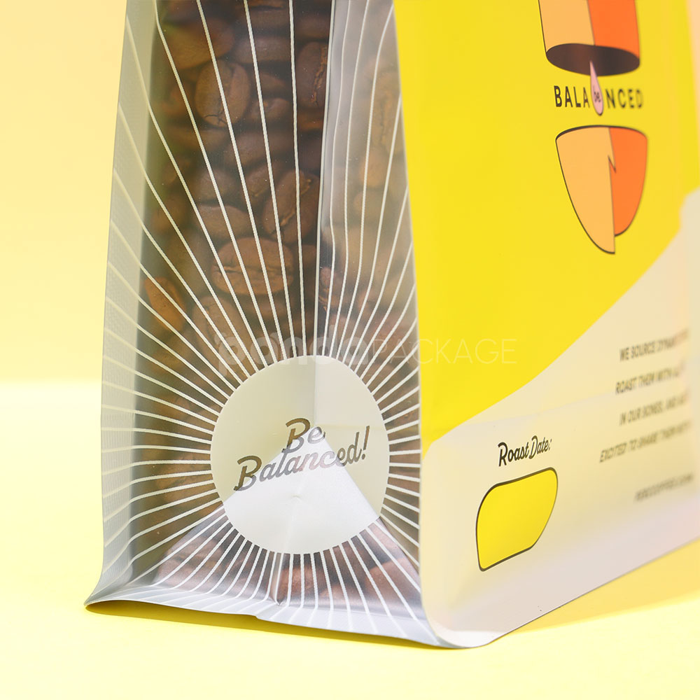 yellow coffee side gusset bag with valve and side window