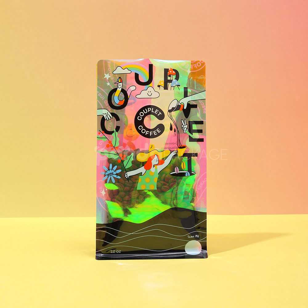 side gusset coffee bag with colorful foil and window