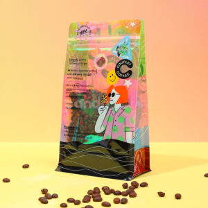 side gusset coffee bag with colorful foil and window