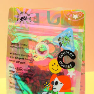 side gusset coffee bag with colorful foil and window