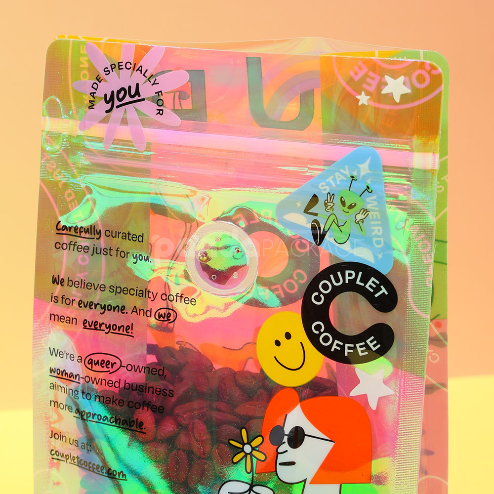side gusset coffee bag with colorful foil and window