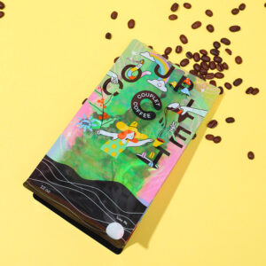 side gusset coffee bag with colorful foil and window