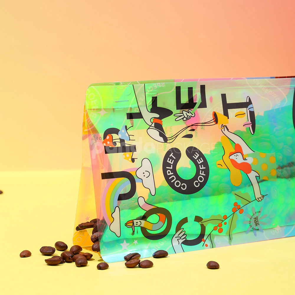 side gusset coffee bag with colorful foil and window