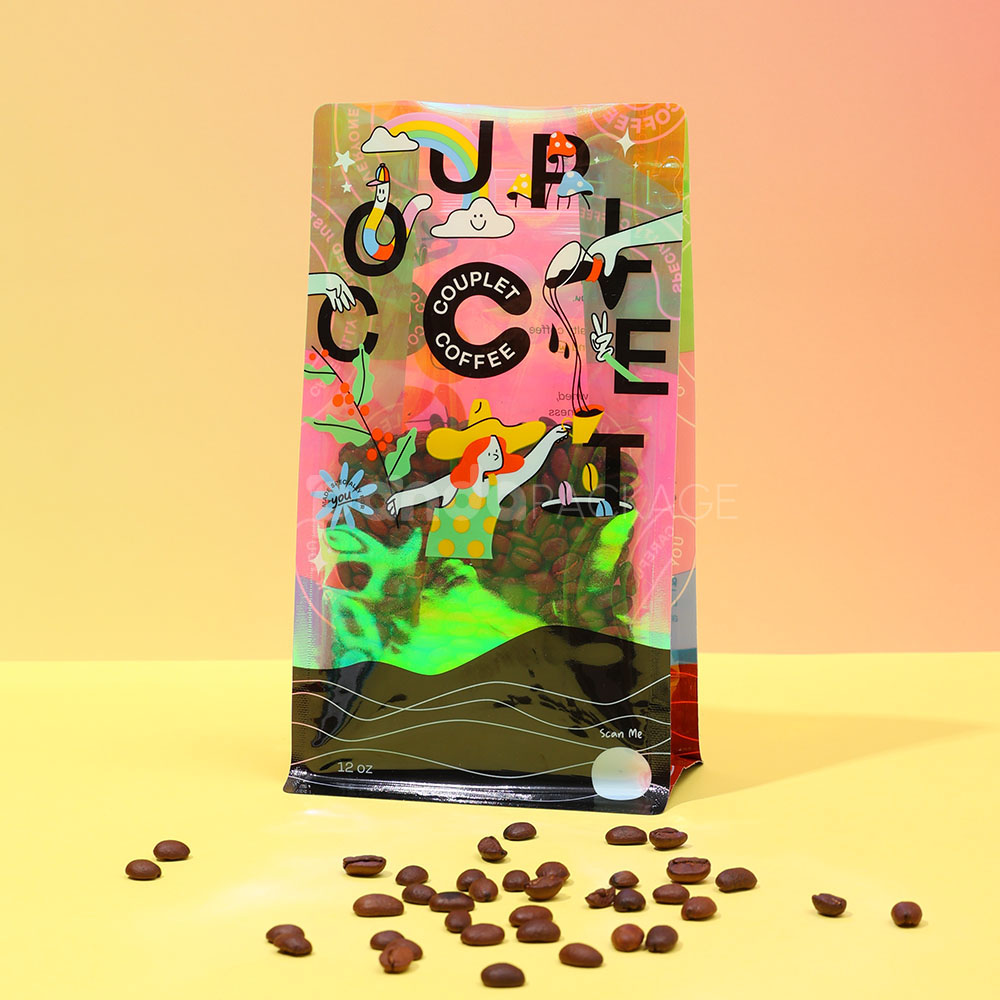 side gusset coffee bag with colorful foil and window