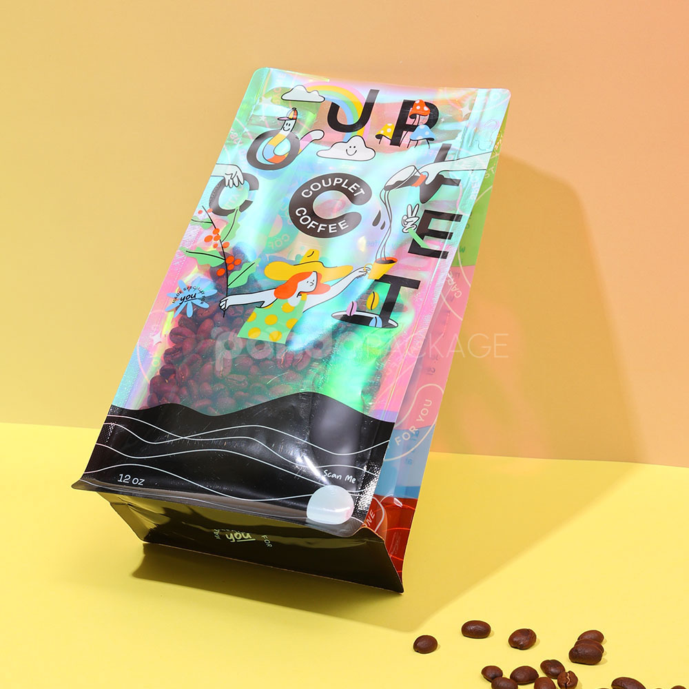 side gusset coffee bag with colorful foil and window